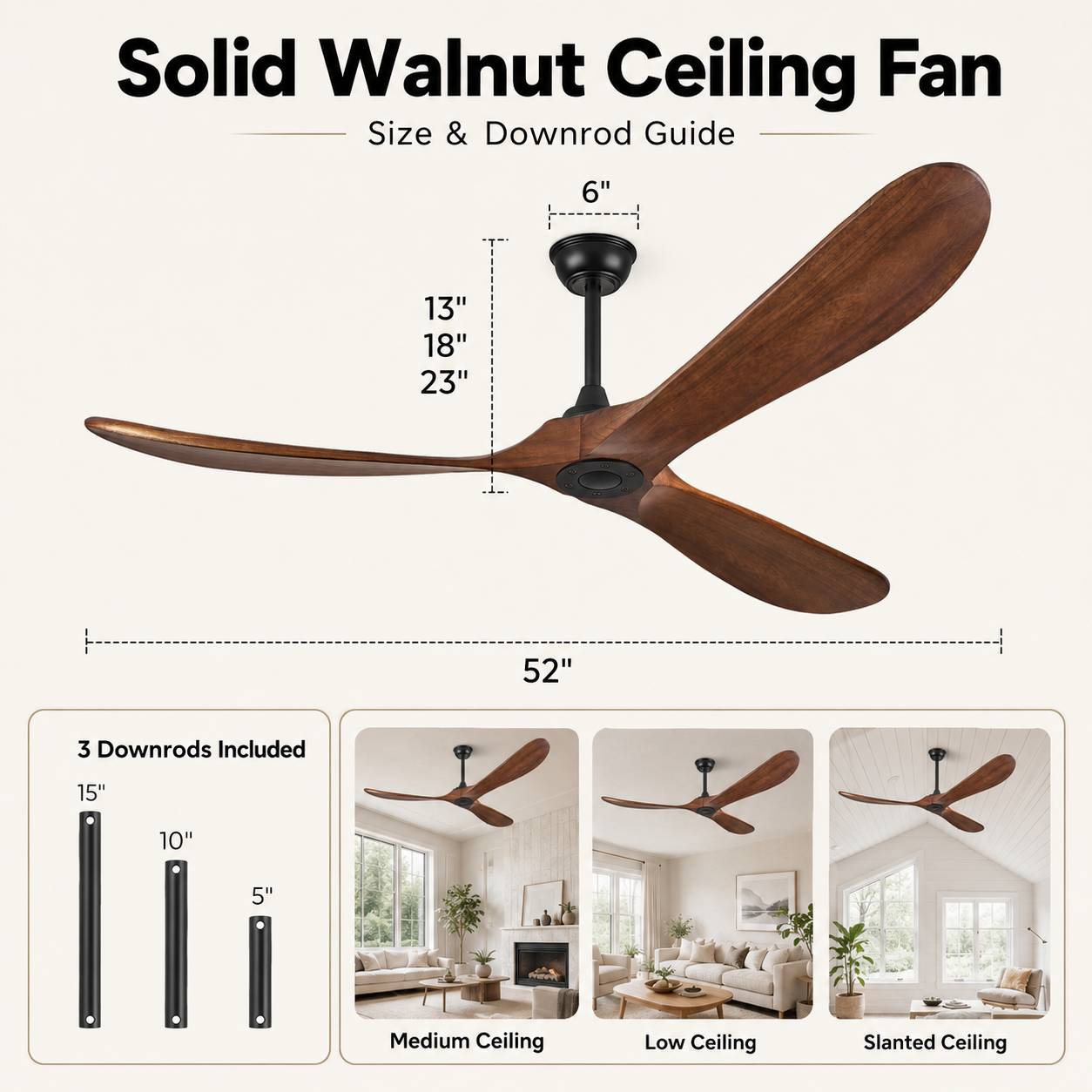 ATEAMIR 52-inch solid walnut ceiling fan with remote control, energy-efficient DC motor, 6-speed settings, reversible airflow