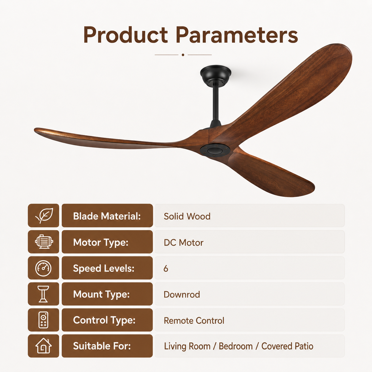 ATEAMIR 52-inch solid walnut ceiling fan with remote control, energy-efficient DC motor, 6-speed settings, reversible airflow