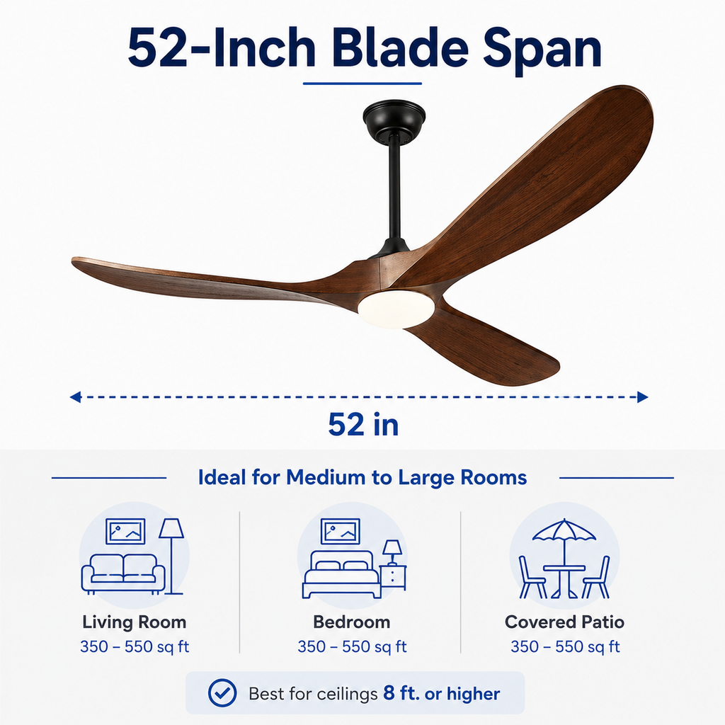 ATEAMIR 52 Inch Modern Ceiling Fan with LED Light and Remote Control, 3 Solid Walnut Wood Blades, Quiet Reversible DC Motor, 6 Speeds, Deep Walnut and Matte Black