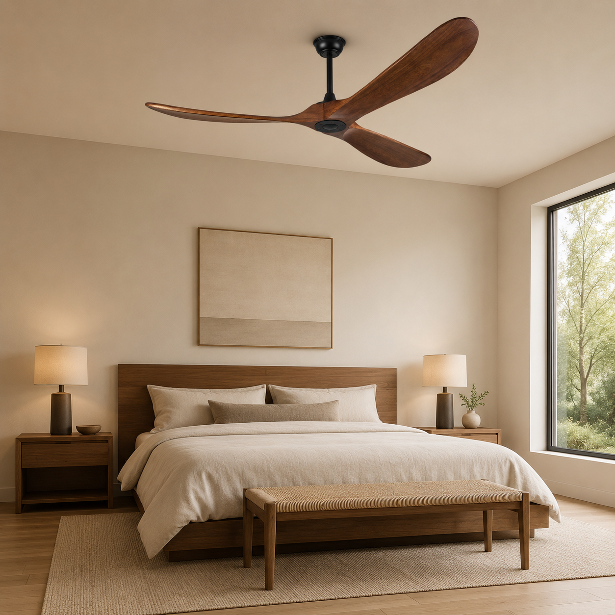 ATEAMIR 52-inch solid walnut ceiling fan with remote control, energy-efficient DC motor, 6-speed settings, reversible airflow