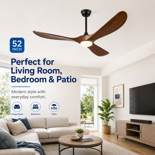 ATEAMIR 52 Inch Modern Ceiling Fan with LED Light and Remote Control, 3 Solid Walnut Wood Blades, Quiet Reversible DC Motor, 6 Speeds, Deep Walnut and Matte Black