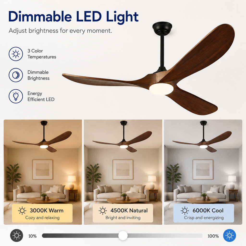 ATEAMIR 52 Inch Modern Ceiling Fan with LED Light and Remote Control, 3 Solid Walnut Wood Blades, Quiet Reversible DC Motor, 6 Speeds, Deep Walnut and Matte Black