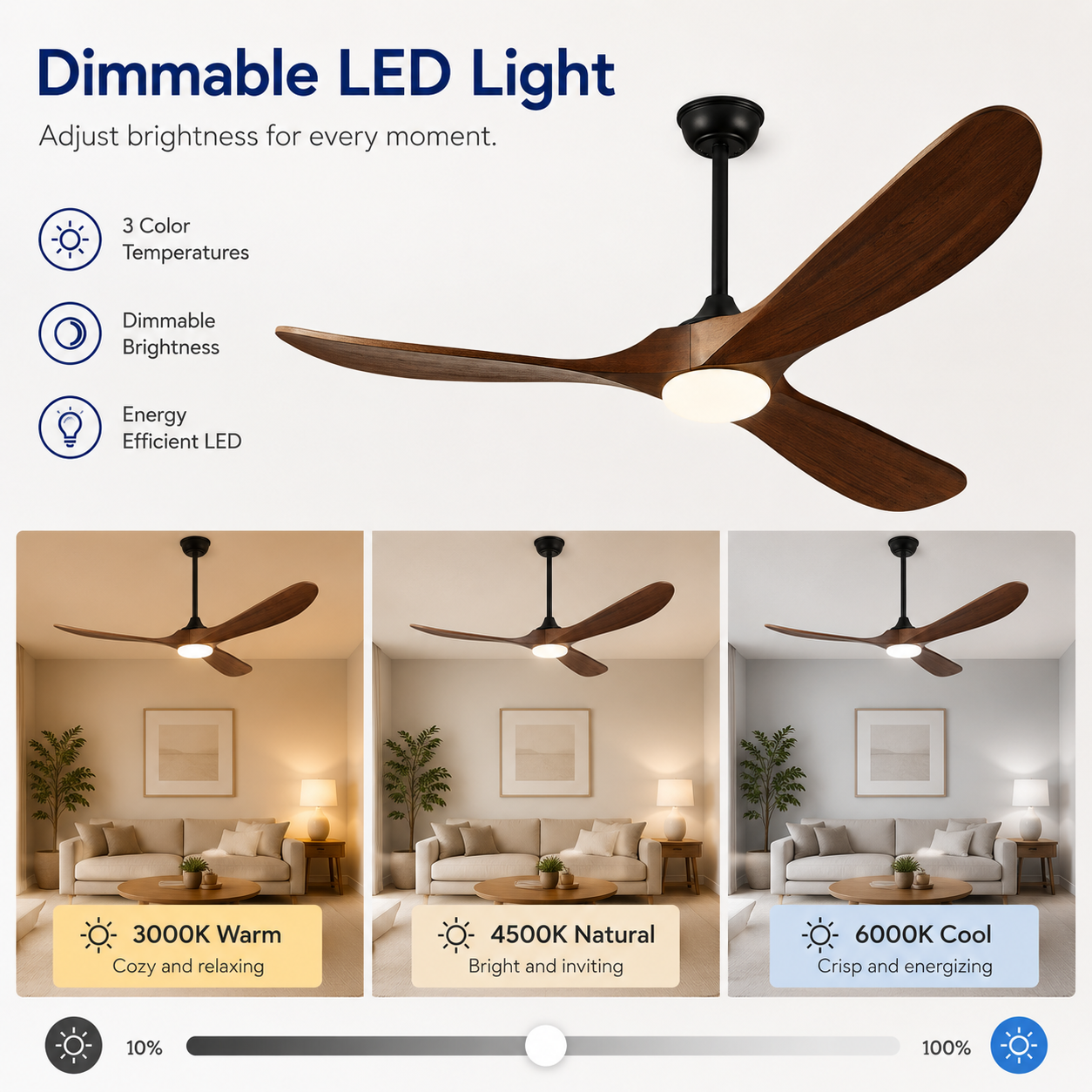 ATEAMIR 52 Inch Modern Ceiling Fan with LED Light and Remote Control, 3 Solid Walnut Wood Blades, Quiet Reversible DC Motor, 6 Speeds, Deep Walnut and Matte Black