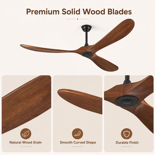 52-inch solid walnut ceiling fan with remote control, energy-efficient DC motor, 6-speed settings, reversible airflow