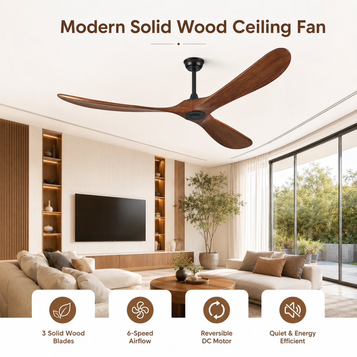 ATEAMIR 52-inch solid walnut ceiling fan with remote control, energy-efficient DC motor, 6-speed settings, reversible airflow